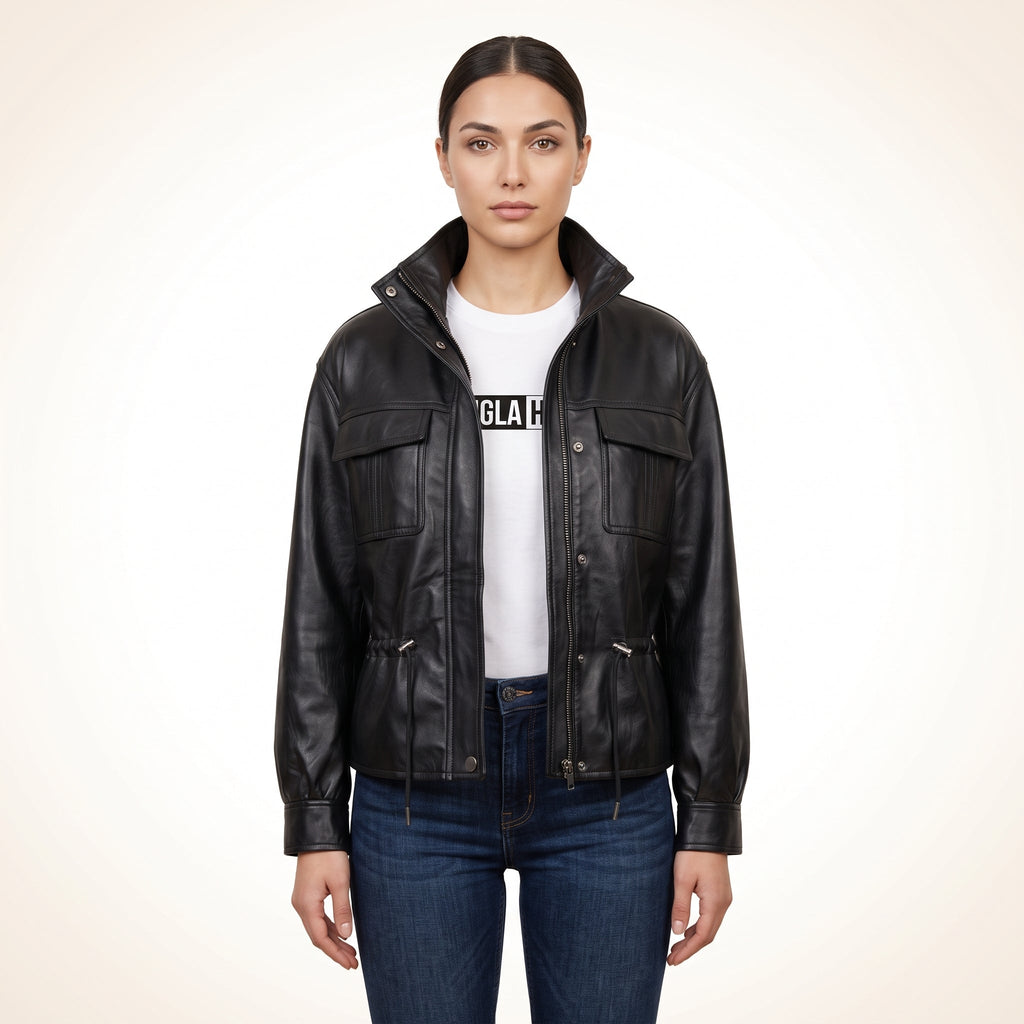 Women’s Black Genuine Leather Utility Jacket