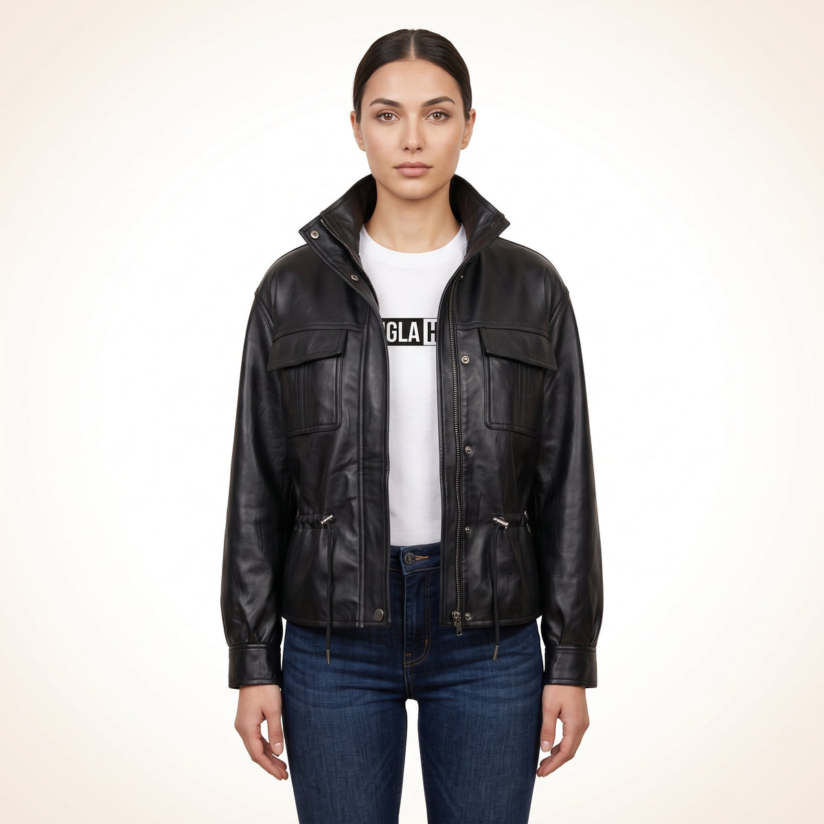 Women’s Black Genuine Leather Utility Jacket