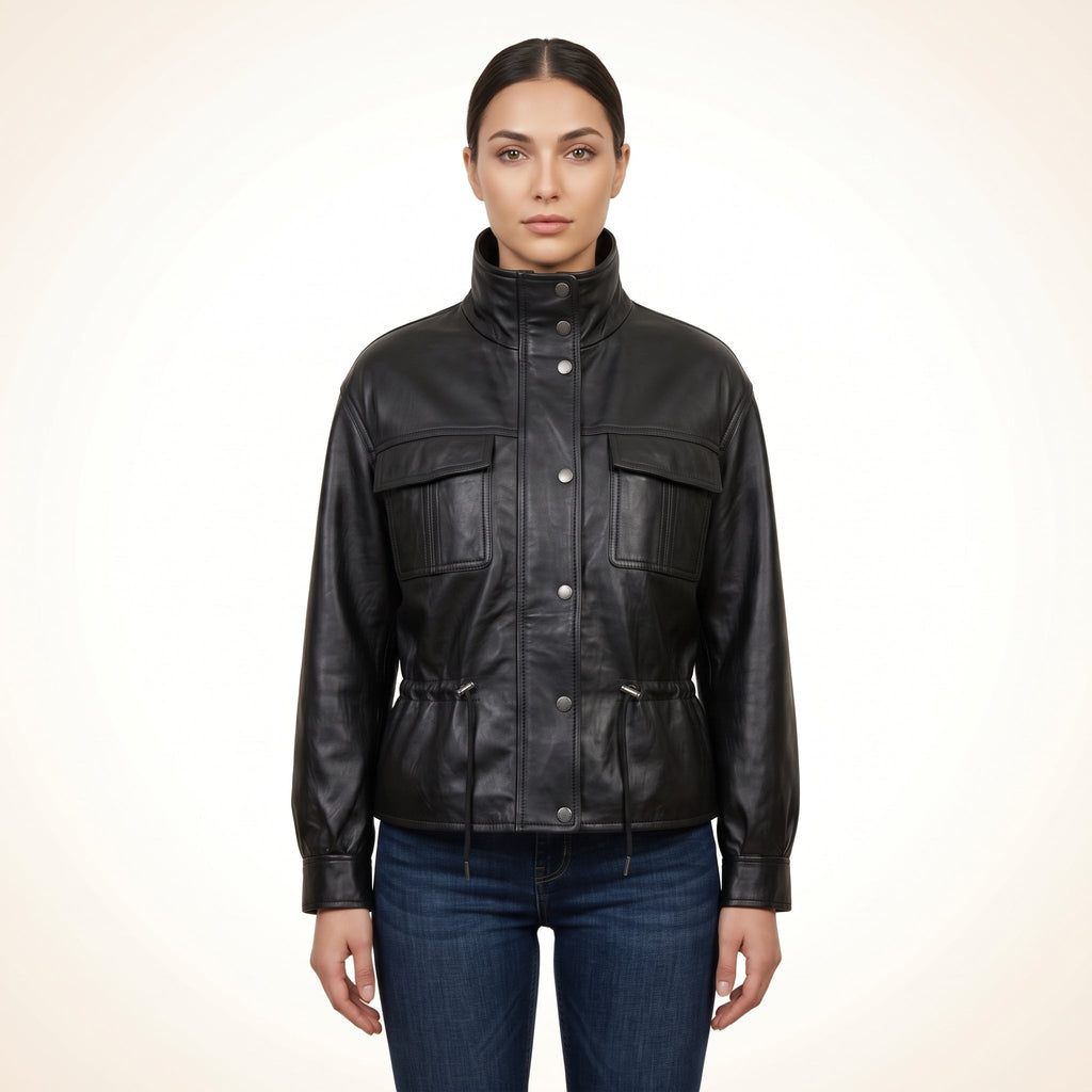 Women’s Black Genuine Leather Utility Jacket