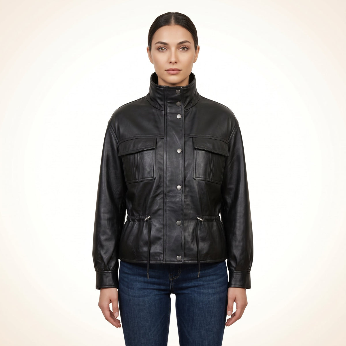 Women’s Black Genuine Leather Utility Jacket