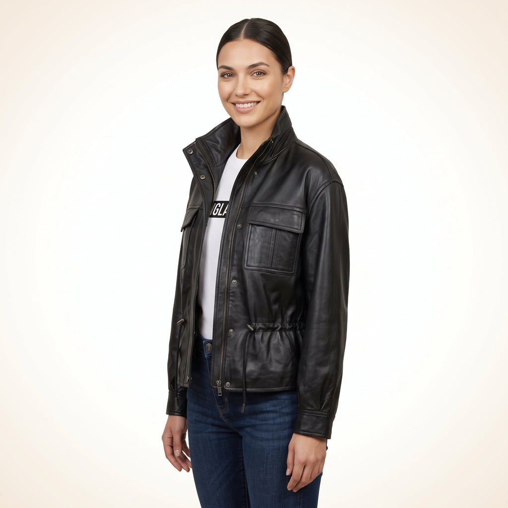 Women’s Black Genuine Leather Utility Jacket
