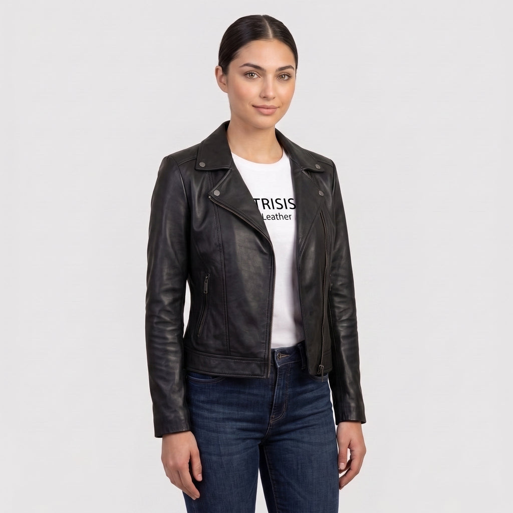 Women's Classic Black Leather Biker Jacket
