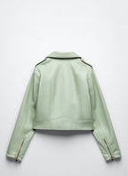 Mint Green Faux Leather Moto Jacket with Asymmetrical Zip